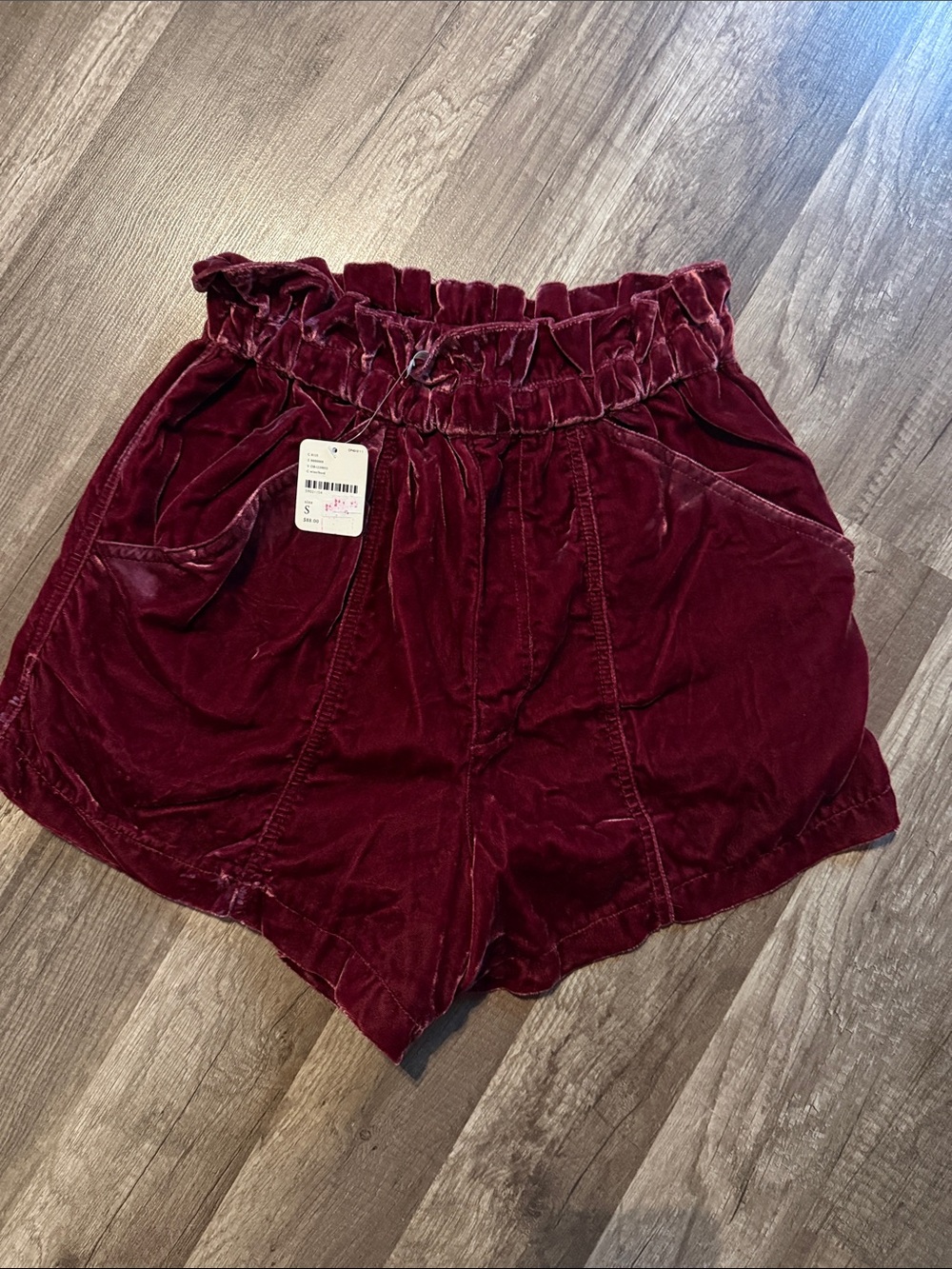 NWT Free People Velvet Paperbag Waist Shorts - Burgundy